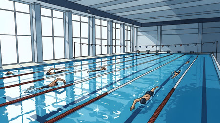 Swimmers are training in an indoor swimming pool with multiple lanes and large windows.の写真素材