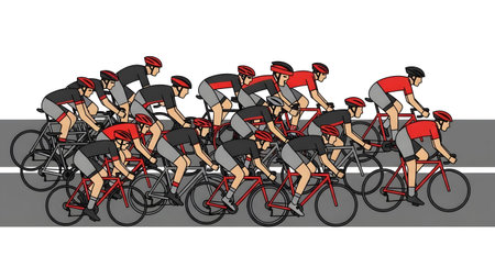 A large peloton of cyclists in a race on a gray road surface Clear details and vibrant colors enh...