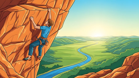 Man rock climbing on a steep orange cliff face with a scenic valley below. Clear details and vibr...の写真素材