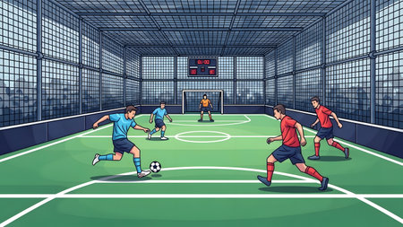 Indoor soccer game with players on a green field inside a netted arena. Clear details and vibrant...の写真素材