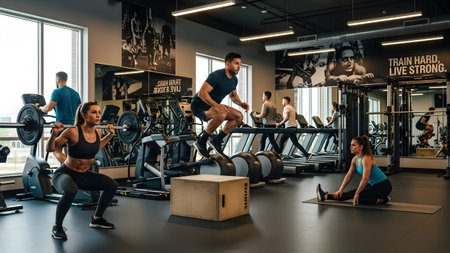 Individuals perform diverse exercises like squats, box jumps, and treadmill runs in a modern gym.