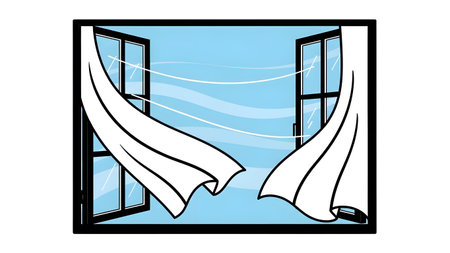 Stock showing open window with curtains blowing in wind. High resolution image suitable for...