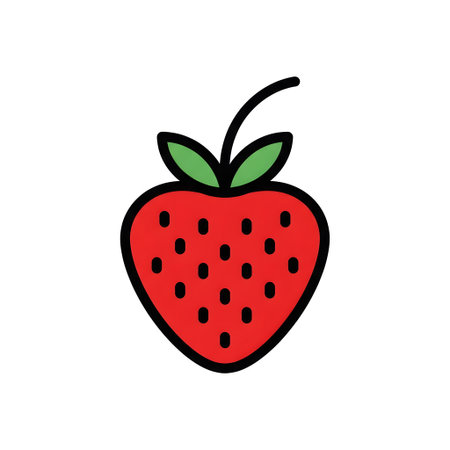 A red strawberry icon with green leaves and a stem is presented on a white background.の写真素材