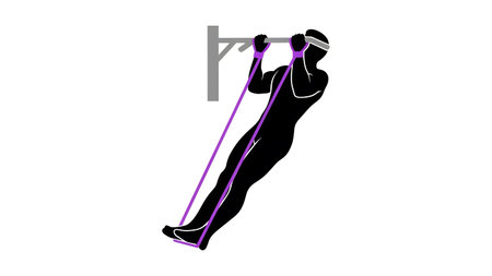 Doing showing silhouette man doing pull-ups with resistance band on white background keywords:...