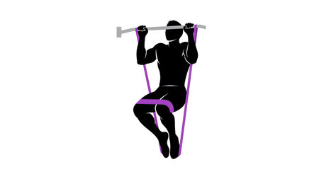 Doing showing silhouette man doing pull-ups with resistance band on white background keywords:...