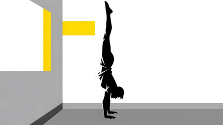 A black silhouette of a man performing a handstand near a wall with yellow accents.