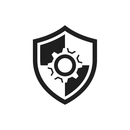 A shield icon with a gear in the center, divided into black and white sections. Clear details and...の写真素材