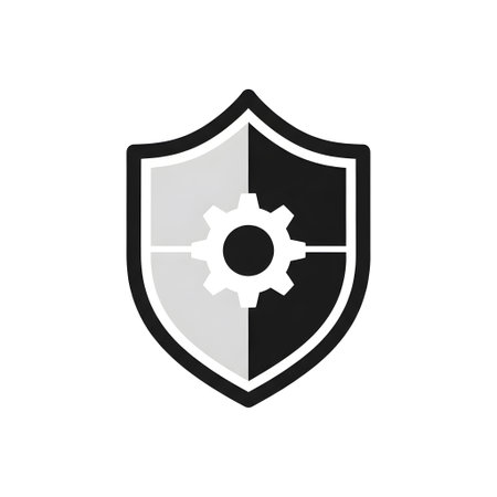 A shield icon with a gear in the center on a white background. Clear details and vibrant colors e...の写真素材