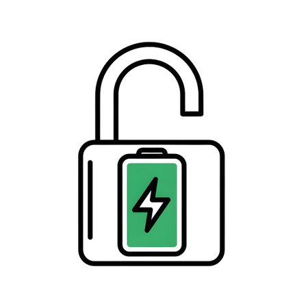 An open padlock icon with a green battery and lightning bolt symbol on a white background.