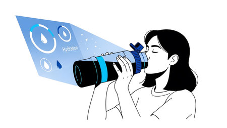 Woman drinks from a bottle, with a screen showing hydration data and water drops. Clear details a...の写真素材