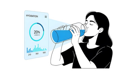 Woman drinks from a water bottle with a hydration monitoring screen nearby. Clear details and vib...