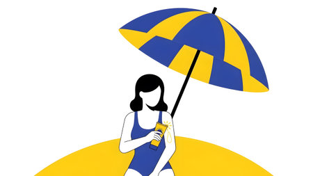 A woman in a blue swimsuit applies sunscreen under a blue and yellow umbrella on a yellow surface.