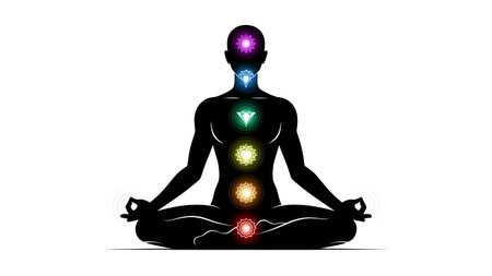 Stock showing meditating silhouette with glowing chakras. High resolution image suitable for...