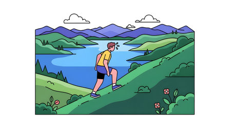 Man climbs grassy hill overlooking lake and mountains in flat design.の写真素材