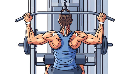 Keywords: showing muscular man doing lat pulldown exercise in gym