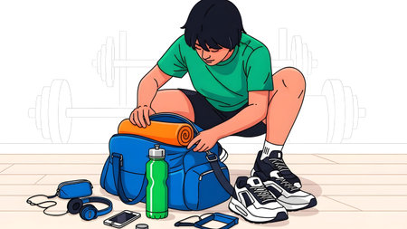A person packs a blue gym bag with athletic gear, including shoes and a yoga mat. Clear details a...