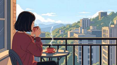 Woman drinks coffee on a balcony with a city and mountain view in the morning. Clear details and ...の写真素材