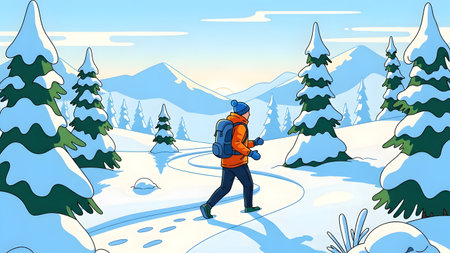 A hiker with a backpack walks on a snowy path through a winter forest with mountains.の写真素材