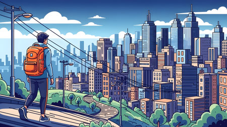 Person with an orange backpack walks on a path towards a dense city skyline with numerous tall...の写真素材