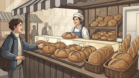 A baker hands a loaf of bread to a customer at a market stall filled with various baked goods.の写真素材