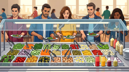 A diverse group of people selects food from a colorful and abundant salad bar in a bright setting.