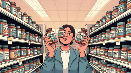 Person stands between store shelves filled with vitamin bottles making a choice. Clear details an...の写真素材