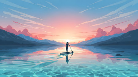 Silhouette of a person paddleboarding on a lake with a vibrant sunset and mountain backdrop.