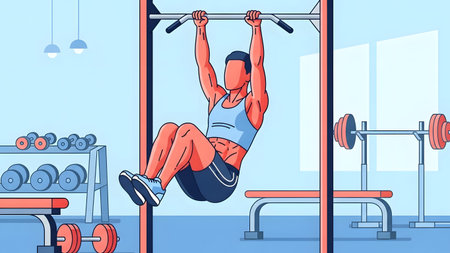 Keywords: showing man doing hanging leg raises in a gym with equipment keywords: man, fitness,...