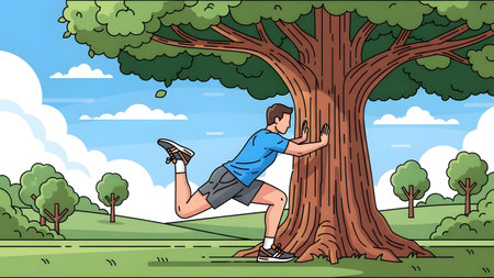 A man in athletic wear performs push-ups against the trunk of a large tree in a grassy park.の写真素材