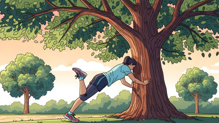 Woman doing push-ups against a large tree trunk in a park with greenery. Clear details and vibran...の写真素材