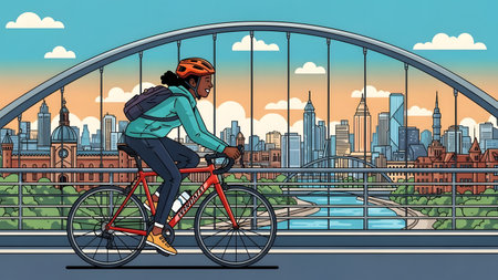 A woman with a backpack cycles across a bridge with a detailed city skyline. Clear details and vi...の写真素材