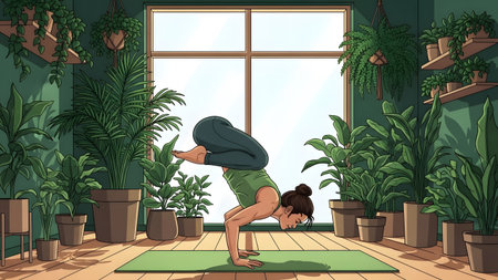 A woman performs a crow pose yoga asana in a room filled with numerous green houseplants.の写真素材