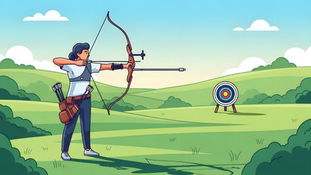 (284) showing woman archery practice in green field. High resolution image suitable for...の写真素材