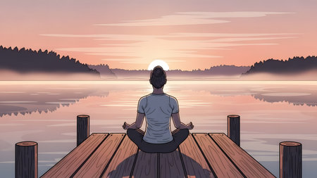A woman meditates on a wooden pier facing a serene lake at sunrise with misty mountains.の写真素材