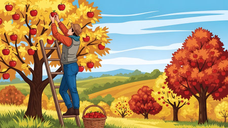 A person on a ladder picks red apples from a tree in a colorful autumn orchard with a basket.