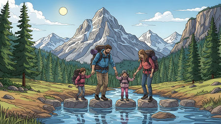 Family with backpacks crossing a stream on stones with mountains and trees. Clear details and vib...の写真素材