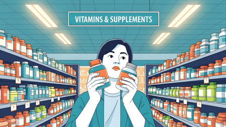 Person holds two supplement bottles in a store aisle lined with shelves of products.の写真素材