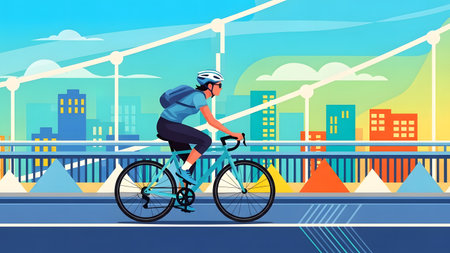 Woman cycling on a bridge with a vibrant city skyline and abstract background. Clear details and ...の写真素材