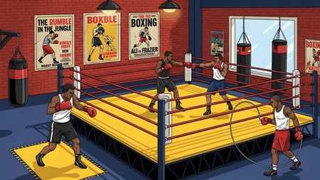Four men in a boxing ring with punching bags and vintage fight posters on the wall.の写真素材