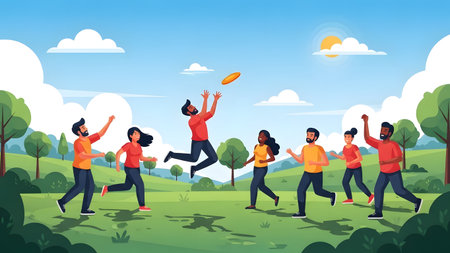 A diverse group of people joyfully play frisbee in a sunlit park with trees and clouds.の写真素材