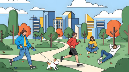 People in park walking dog, running, reading, and relaxing near city buildings Clear details and ...の写真素材