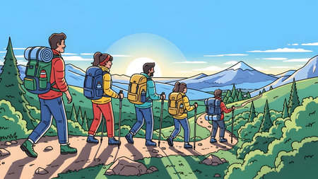 A family hikes on a mountain path with backpacks and trekking poles under a bright sky.の写真素材