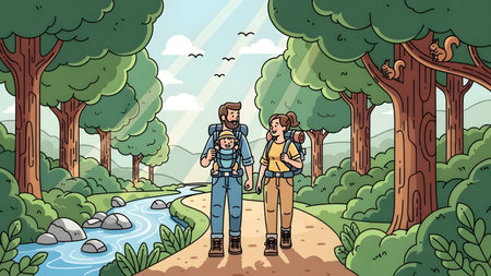 A family hikes on a forest path next to a stream with a baby in a carrier. Clear details and vibr...の写真素材