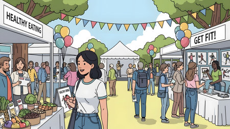 Outdoor health and wellness festival with stalls for healthy eating and fitness. Clear details an...の写真素材