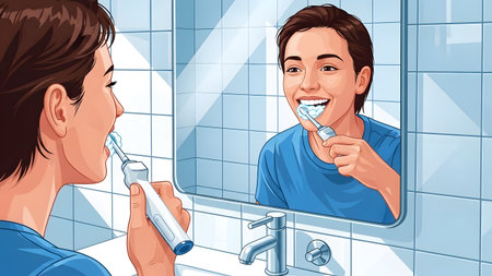 Woman brushing teeth with electric toothbrush in a tiled bathroom looking in mirrorの写真素材