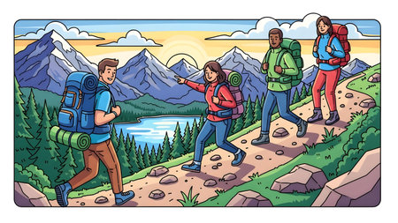 A diverse group of hikers with backpacks walk on a mountain trail during a colorful sunrise.の写真素材