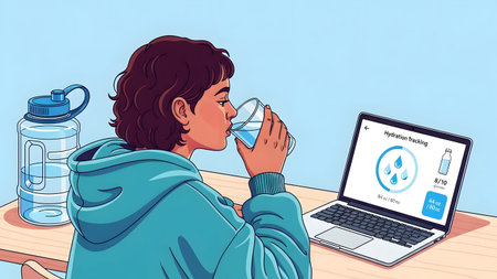 Person drinks from glass at desk with laptop displaying hydration tracking application