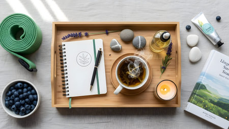 Wooden tray with tea, journal, blueberries, candle, and aromatherapy items for wellness