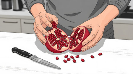 Hands are shown separating a pomegranate with a knife and scattered seeds on a table.の写真素材