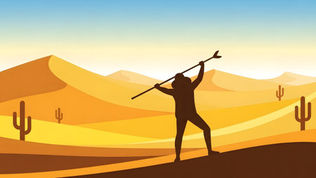 Silhouette of a hunter with a spear against a desert landscape with sand dunes and cacti.の写真素材